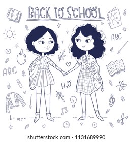 Back to school. Books, paints, formulas, chemistry and mathematics, leaves and other school things. You my best friends girl. Vector illustration friendship greeting card.
