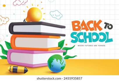 Back to school books vector design. Back to school greeting text with educational books reading materials elements for paper grid background. Vector illustration school greeting design. 
