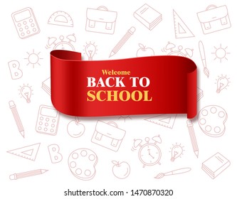 Back to school bow poster Vector. Autumn fall promotion banner. School supplies board template