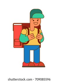 Back to school.  Boy and big  schoolbag. Illustration for September 1. Schoolboy goes to school With Backpacks. Vector illustration

