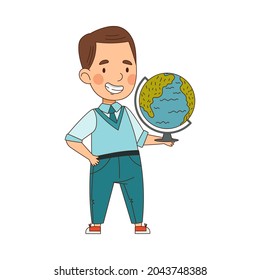 Back to School with Boy in Blue Uniform Standing Holding Globe Studying Geography Vector Illustration