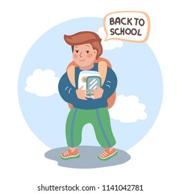 Back to school. Boy with book, tablet and  briefcase. Vector cartoon illustration. Isolated. 