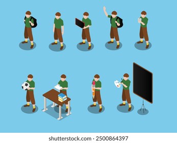 Back to school boy cartoon characters with school uniform talking and doing educational activities 3d vector illustration concept
