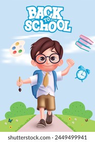 Cartel de Vector de personaje de niño de vuelta a la escuela. Niño de la escuela lindo personaje feliz caminando, sonriendo y usando bolso escolar para el diseño educativo. Afiche del personaje del chico de la escuela de Ilustración vectorial.
