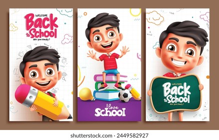 Back to school boy character vector posters. School boy characters with pencil, books and chalkboard education supplies and elements for educational flyers set collection. Vector illustration school 