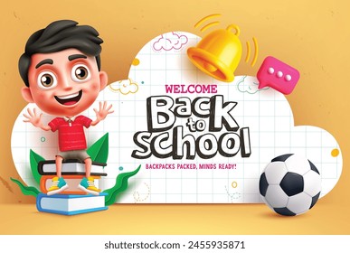 Back to school boy character vector design. Welcome back to school greeting text in paper cut clouds with happy smiling cute boy kid for educational learning concept. Vector illustration back 