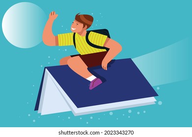 Back to school, a boy flying on 
the book