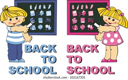Back to school. Boy and girl in school boards