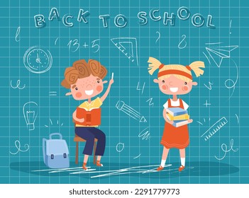 De vuelta a la escuela. Muchacho y muchacha con lápices de colores cerca del tablero verde escriben números y letras, resuelven ecuaciones matemáticas. Educación y capacitación, cartel del 1 de septiembre. Dibujo vectorial plano de dibujos animados