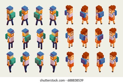 Back to school, boy, girl. Creative people collection. 3d schoolchildren in school uniform with a knapsack stands and goes. Set of isometric characters. Vector illustration isolated on white