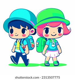 Back to school. Boy and girl go to school with backpacks. The beginning of the school year, children go to lessons