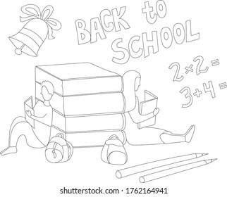 Back to school. Boy and girl read, study. A bunch of books and textbooks, examples in mathematics, numbers. Line art vector illustration.