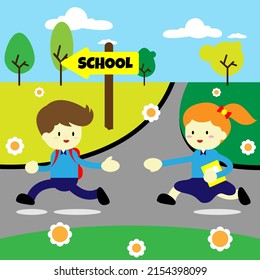 Back to school. A Boy and a girl are running to school. Suitable for school events  