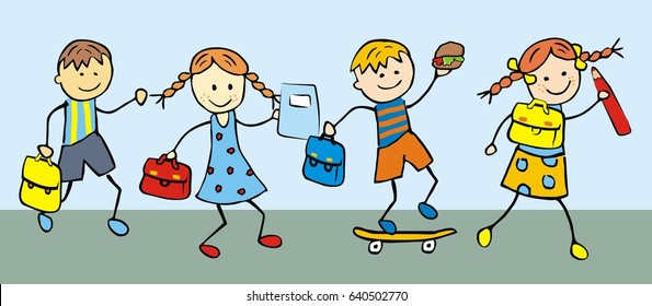 Back to school, boy and girl with satchel, skateboard, workbook, pencil, vector illustration