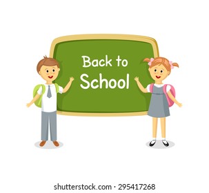 Back to school. Boy and girl standing near school board