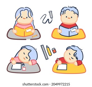 Back to school. Boy and girl studying in class and campus. sleeping while studying. feel sleepy 
