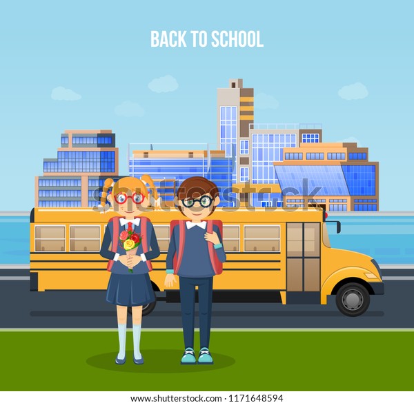 Back to school. Boy and girl in traditional\
clothes, with backpacks next to yellow bus. Education, teaching, in\
university. School building, urban landscape, foreign education.\
Vector illustration.