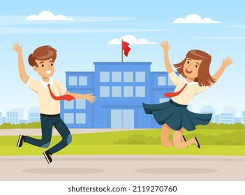 Back to School with Boy and Girl Wearing Uniform Jumping with Joy Vector Illustration