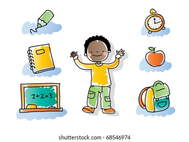 back to school boy with school icon set, watercolor style colored, grouped and layered for easy editing