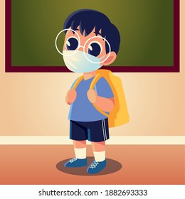 Back to school of boy kid with medical mask and glasses design, social distancing and education theme Vector illustration