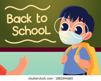 Back to school of boy kid with medical mask design, social distancing and education theme Vector illustration