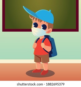Back to school of boy kid with medical mask and hat design, social distancing and education theme Vector illustration