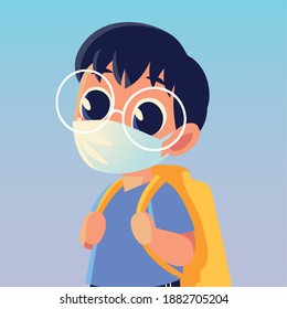 Back to school of boy kid with medical mask design, social distancing and education theme Vector illustration