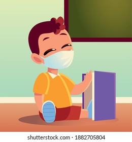 Back to school of boy kid with medical mask and notebook design, social distancing and education theme Vector illustration