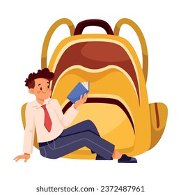 Back to School with Boy Pupil Character Sit at Backpack with Book Vector Illustration