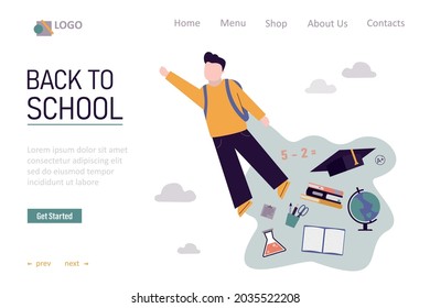 Back to school. Boy pupil fly and achieve knowledge. Cartoon child get and search information. Kid student flying. Scholar studies and learning. Template, landing page for website. Vector illustration