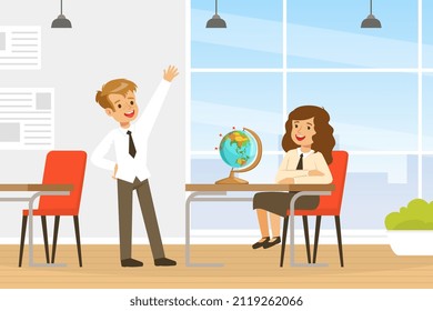 Back to School with Boy Raising Hand and Girl Sitting at Desk in Classroom Vector Illustration