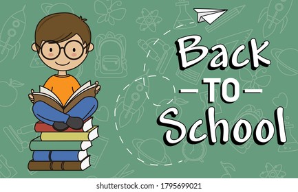 Back to school. Boy reading. Green background with education icons