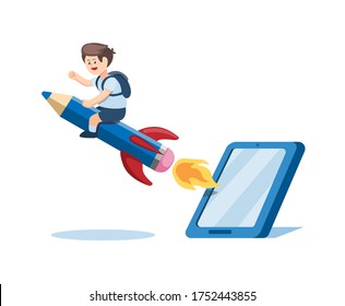 Back To School, Boy Riding Pencil out from Smartphone. Symbol for Online Learning Course and School in Cartoon Flat illustration Vector on white background