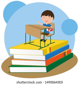 Back to school. Boy sits at desk on large stack of books. Vector illustration.