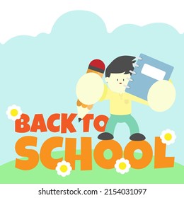 Back to school. The boy is standing holding a pencil and a book. Suitable for school events