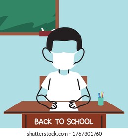 back to school, boy studying in classroom with face masks vector illustration design