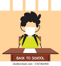 back to school, boy studying in classroom with face masks vector illustration design
