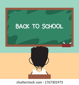 back to school, boy studying in classroom with face masks vector illustration design