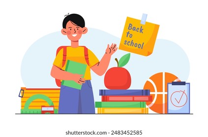 De vuelta a la escuela. Adolescente con la mochila y el libro de texto ondea la mano. Educación y formación. Escolar el 1 de septiembre. Fiesta y festival internacional. Ilustración vectorial plana aislada en el fondo