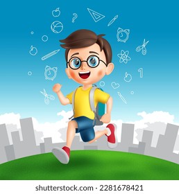 Back to school boy vector design. Back to school male student character in cute face running in outdoor background. Vector illustration back to school educational design.