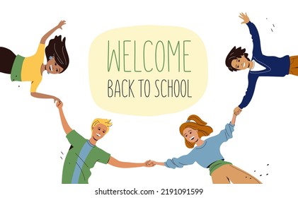 Back to school. A boys and a girls holding hands. The multicultural students happily met each other. New academic year. A banner with the inscription Back to school. Vector illustration.