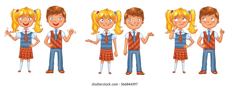 Back to school. Boys and girls posing together. Funny cartoon character. Vector illustration. Isolated on white background