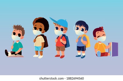 Back to school of boys kids with medical masks design, social distancing and education theme Vector illustration