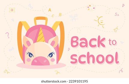 De vuelta a la escuela. Maletín con unicornio junto a la inscripción. Diseño para la postal de invitación y saludo. Cuento de hadas, imaginación y fantasía. Afiche o pancarta. Dibujo vectorial plano de dibujos animados
