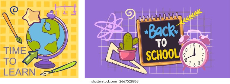 Back to school - a bright cartoon set of two posters on the theme of study, knowledge, training. Modern digital illustration of school supplies in a light green and lilac color scheme.