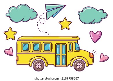 Back to School. Bright colorful set of doodles pictures, school bus, paper plane, clouds. Isolated on white background