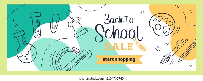 Back to school. Bright horizontal modern banner in sketch style and pastel colors. Attributes for chemistry and drawing, school bell. For advertising banner, website, sale flyer.