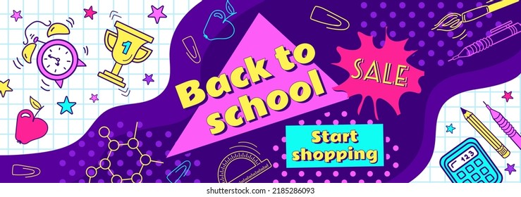 Back to school. Bright horizontal vintage banner, cartoon comic style. Learning symbols, neon colors, 90s. Alarm clock, apple, calculator, pencils. For advertising banner, website, sale flyer