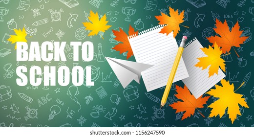 Back to school. Bright maple leaves, lined paper, pencil and paper airplane on  background of chalkboard. hand drawn elements pattern. Vector background, horizontal banner