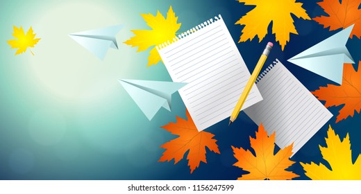 Back to school. Bright maple leaves, lined paper, paper airplane, pencil on blurred background with bokeh. Vector background, horizontal banner